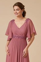 A Line V Neck Flutter Sleeve V Back Floor-Length Mother of the Bride Dress