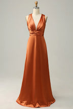 A Line V Neck Sleeveless Ruched Floor-Length Prom Dress