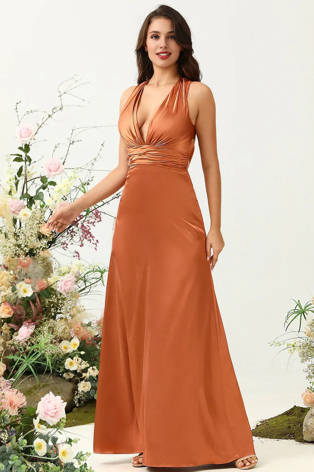 A Line V Neck Sleeveless Ruched Floor-Length Prom Dress
