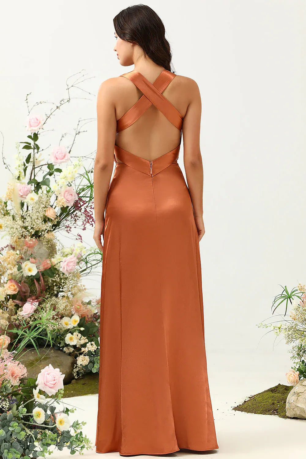 A Line V Neck Sleeveless Ruched Floor-Length Prom Dress