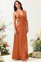 A Line V Neck Sleeveless Ruched Floor-Length Prom Dress
