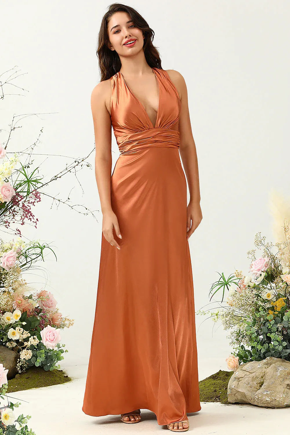 A Line V Neck Sleeveless Ruched Floor-Length Prom Dress
