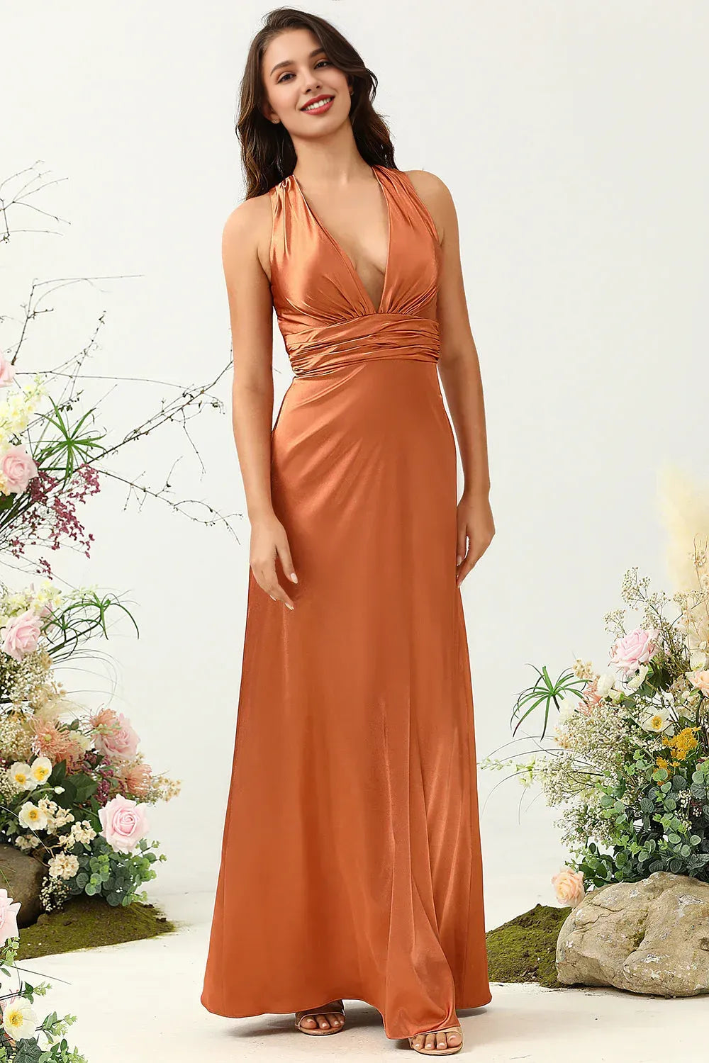 A Line V Neck Sleeveless Ruched Floor-Length Prom Dress
