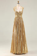 A Line V Neck Sleeveless Metallic Pleated Floor-Length Prom Dress