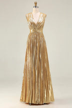 A Line V Neck Sleeveless Metallic Pleated Floor-Length Prom Dress