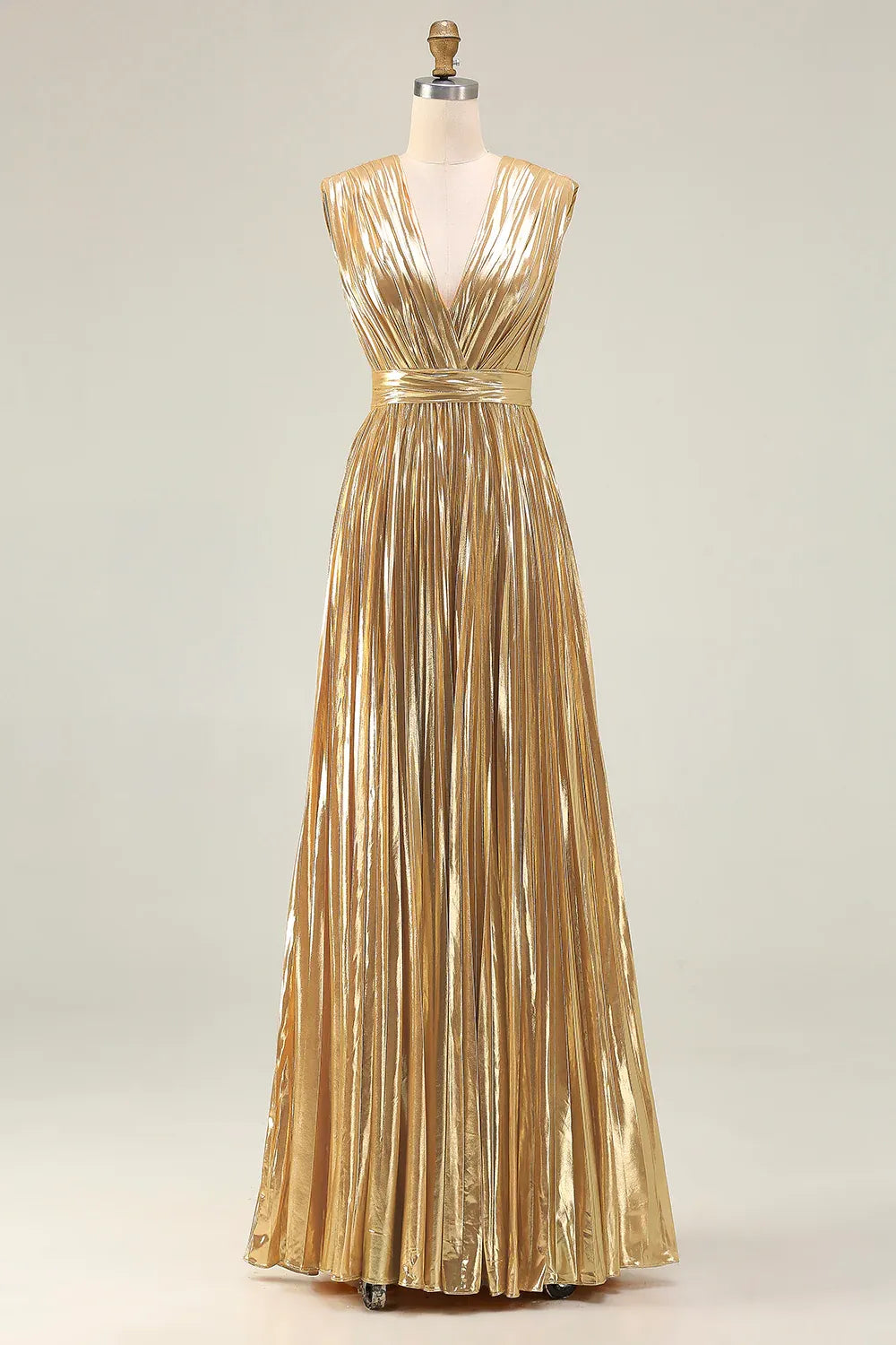 A Line V Neck Sleeveless Metallic Pleated Floor-Length Prom Dress