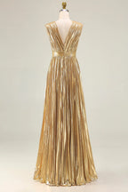 A Line V Neck Sleeveless Metallic Pleated Floor-Length Prom Dress