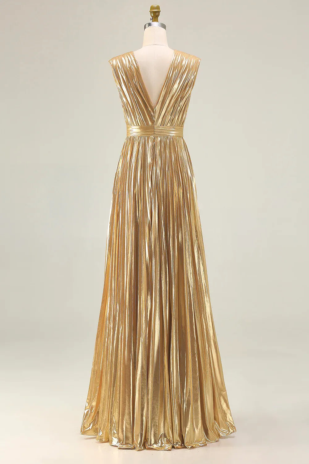 A Line V Neck Sleeveless Metallic Pleated Floor-Length Prom Dress