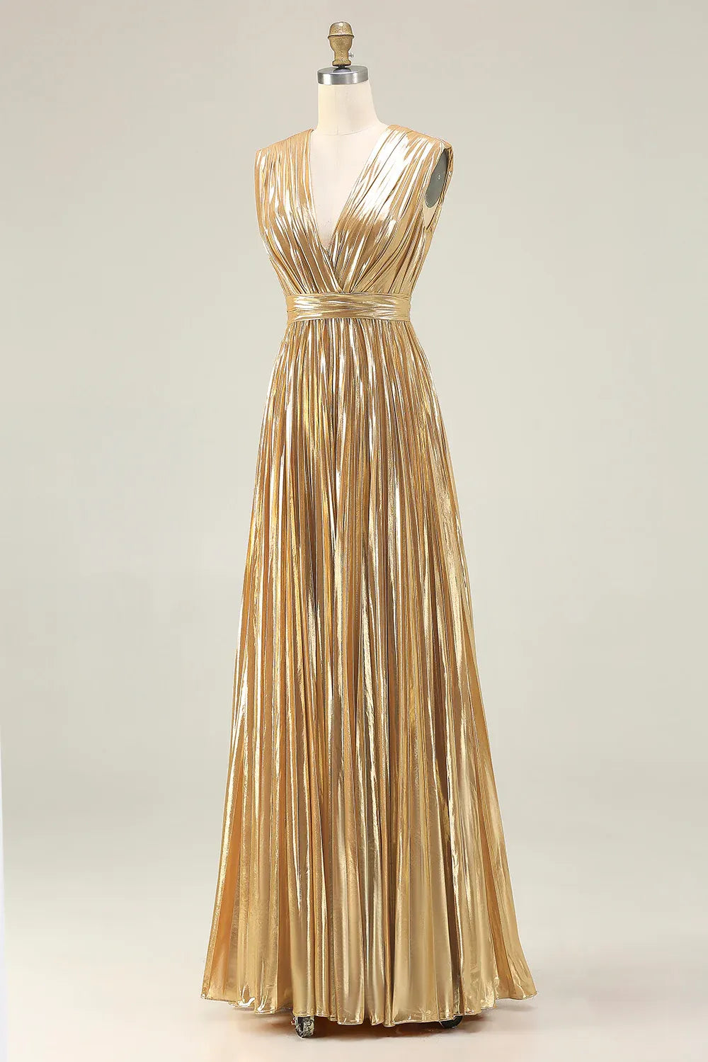 A Line V Neck Sleeveless Metallic Pleated Floor-Length Prom Dress