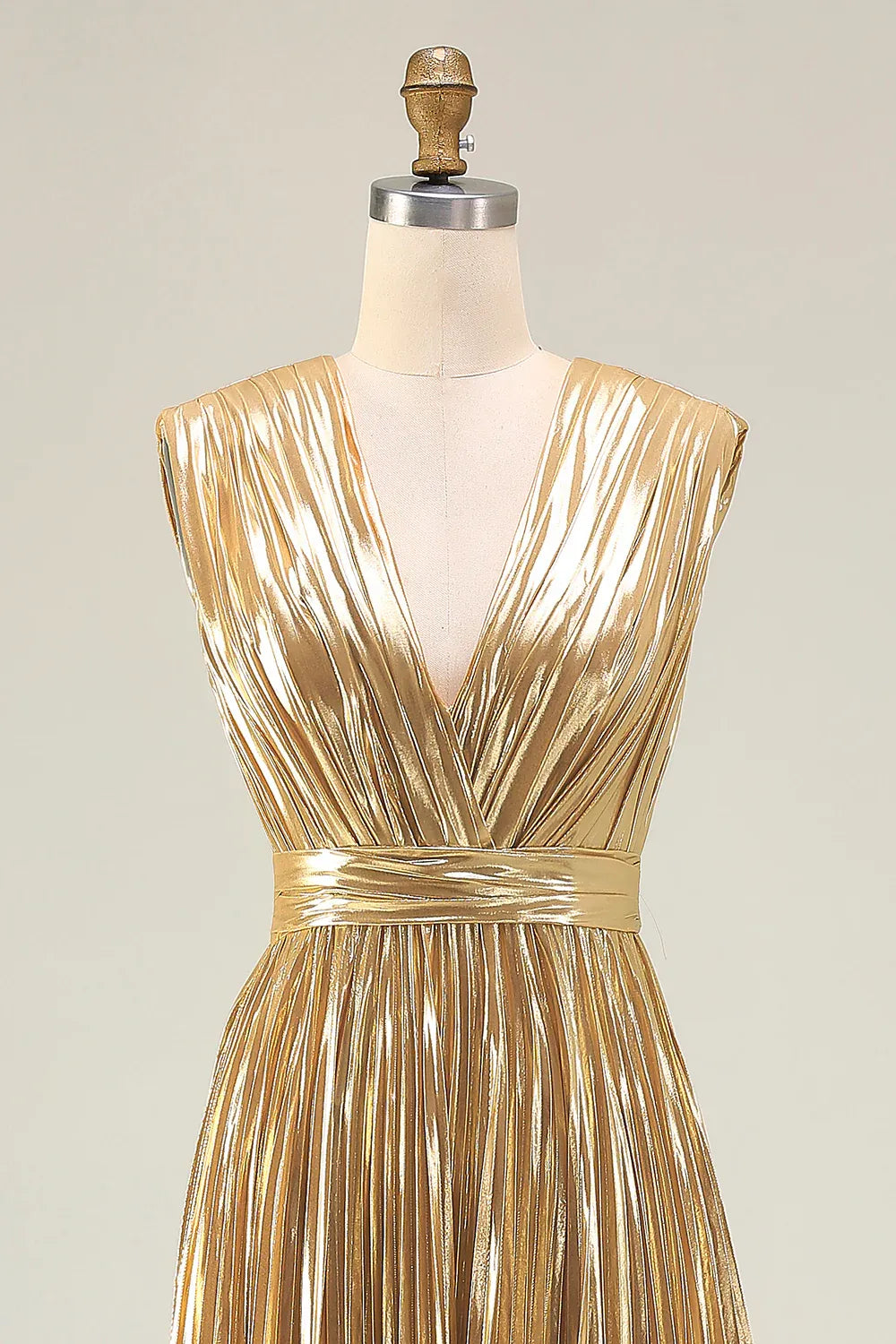 A Line V Neck Sleeveless Metallic Pleated Floor-Length Prom Dress