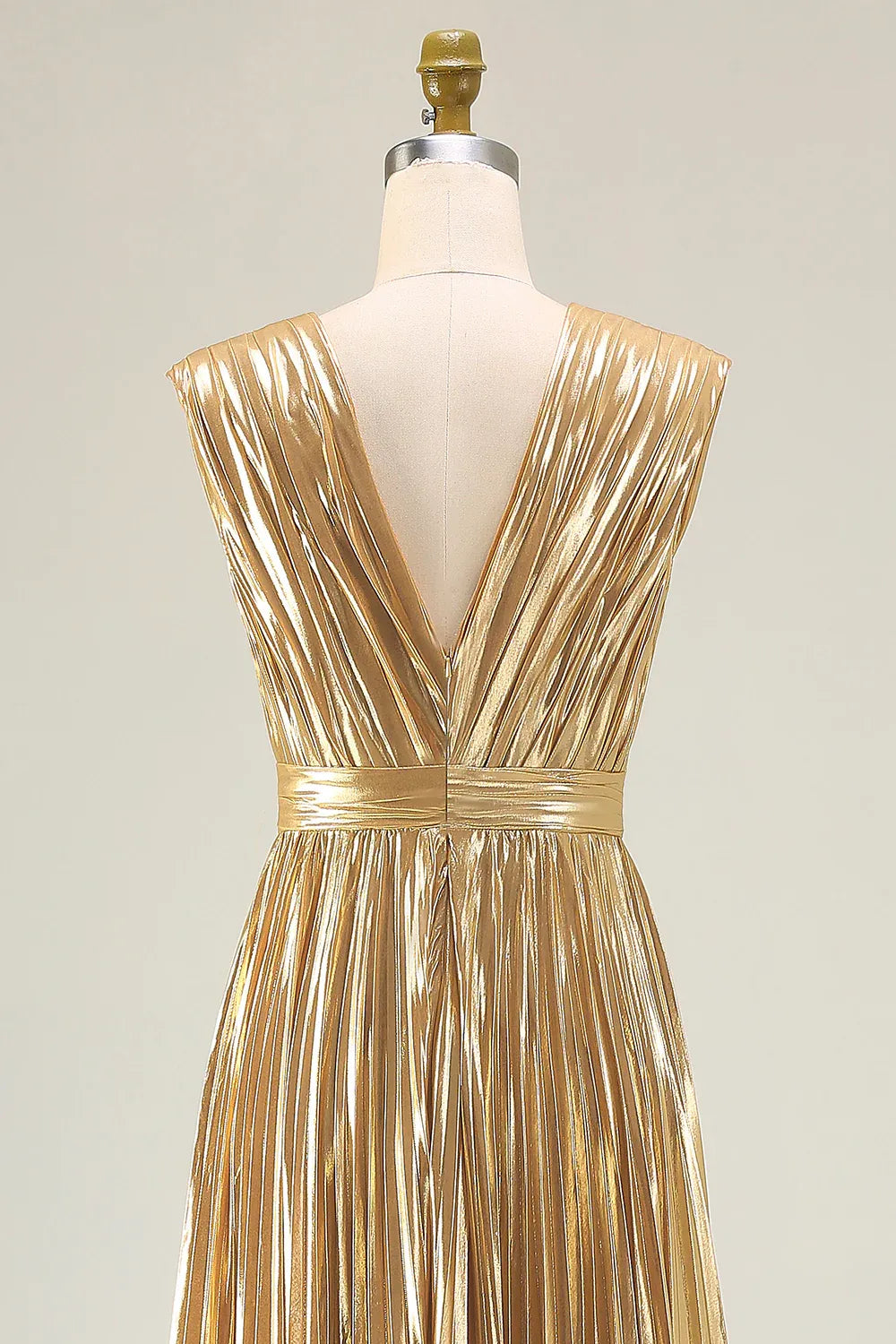 A Line V Neck Sleeveless Metallic Pleated Floor-Length Prom Dress