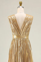 A Line V Neck Sleeveless Metallic Pleated Floor-Length Prom Dress