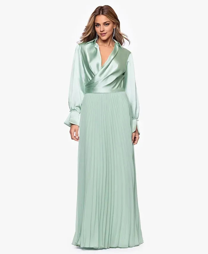 Column Collared Neck Long Sleeve Pleated Floor-Length Prom Dress