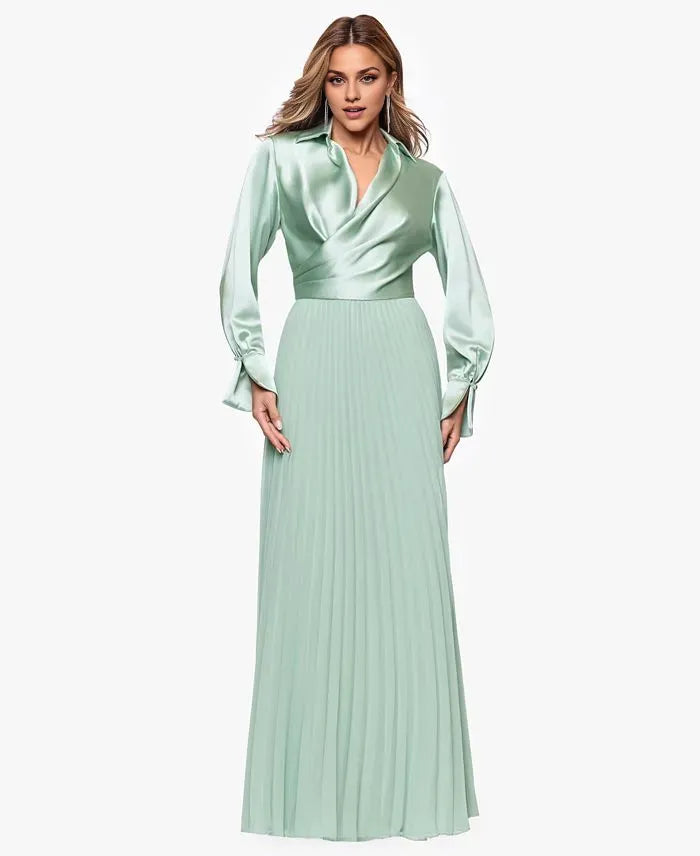 Column Collared Neck Long Sleeve Pleated Floor-Length Prom Dress