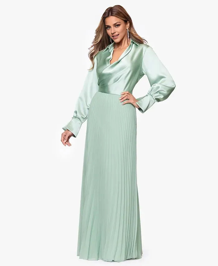 Column Collared Neck Long Sleeve Pleated Floor-Length Prom Dress
