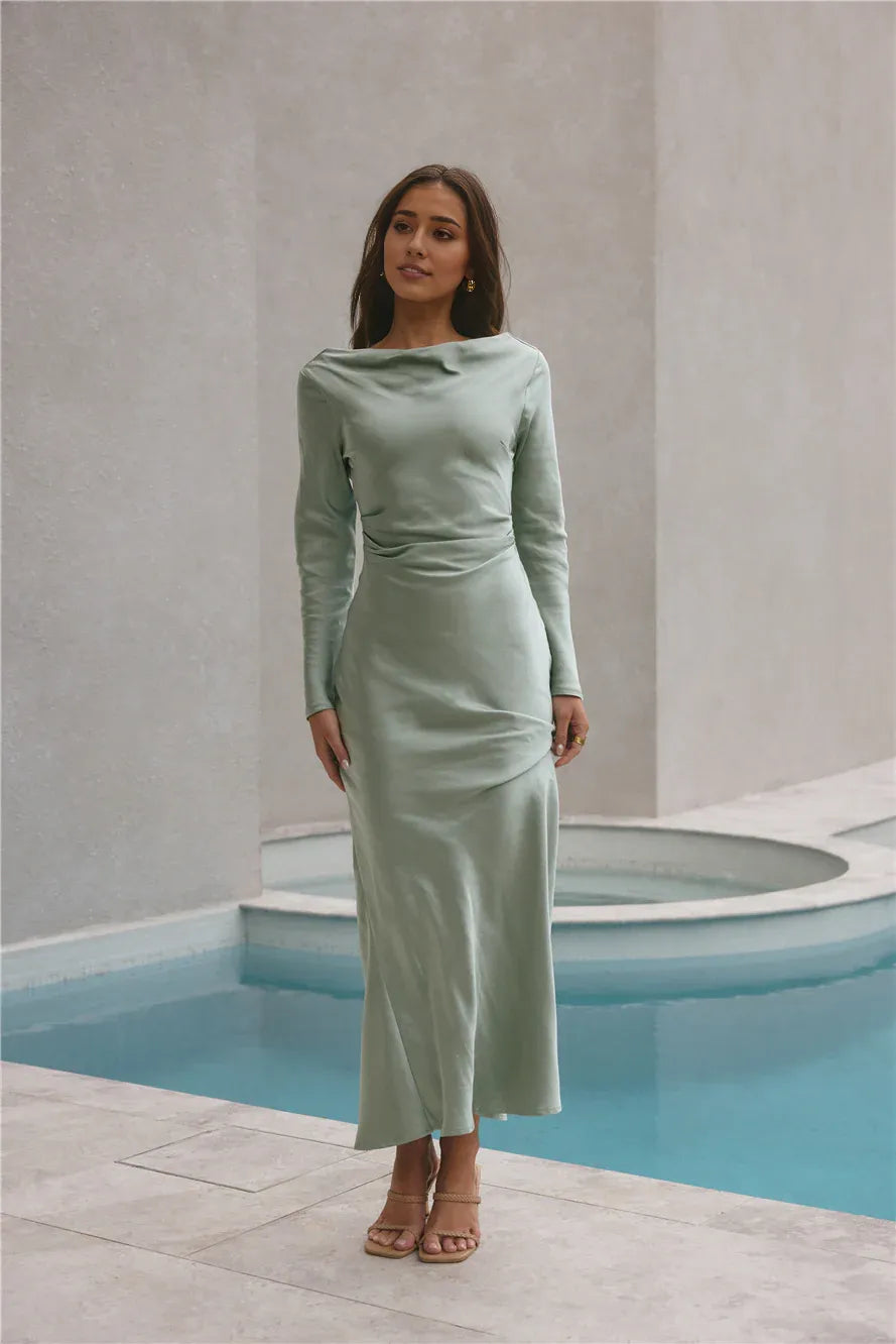 Fitted High Neck Long Sleeves Backless Floor-Length Cocktail Dress