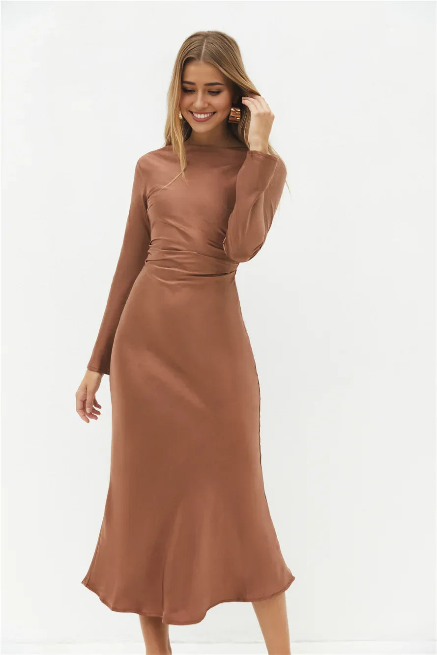 Fitted High Neck Long Sleeves Backless Floor-Length Cocktail Dress