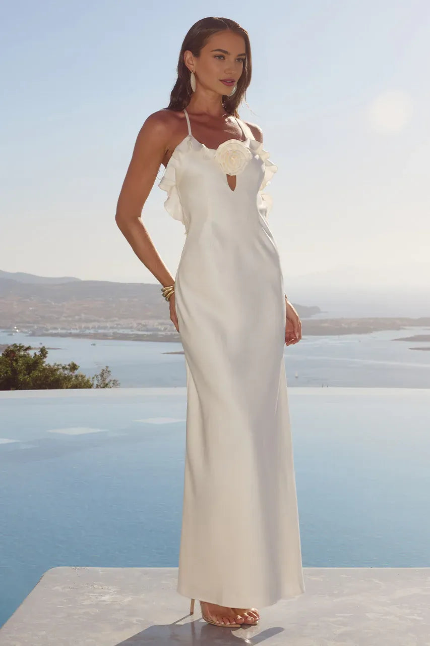 Fitted Spaghetti Straps Sleeveless Flower Floor-Length Prom Dress
