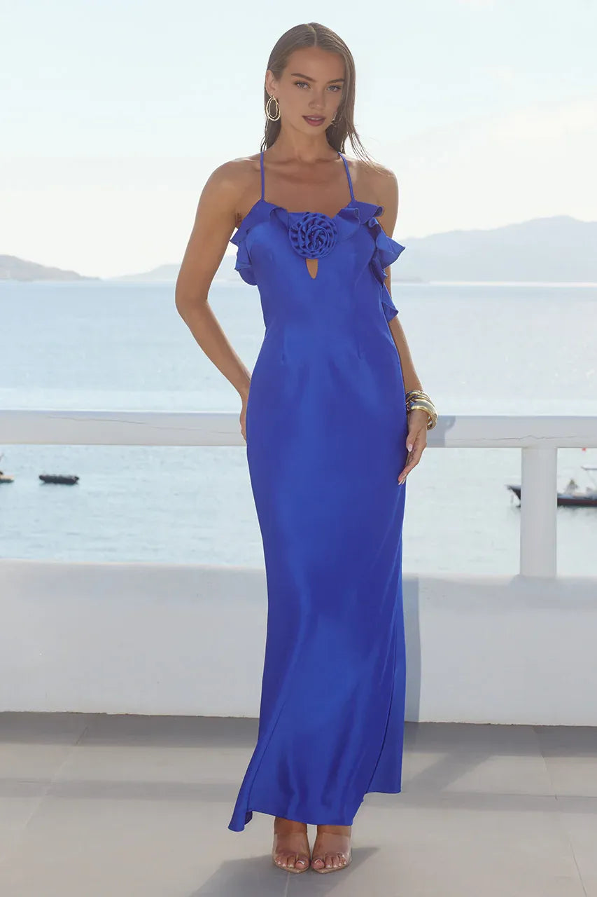 Fitted Spaghetti Straps Sleeveless Flower Floor-Length Prom Dress