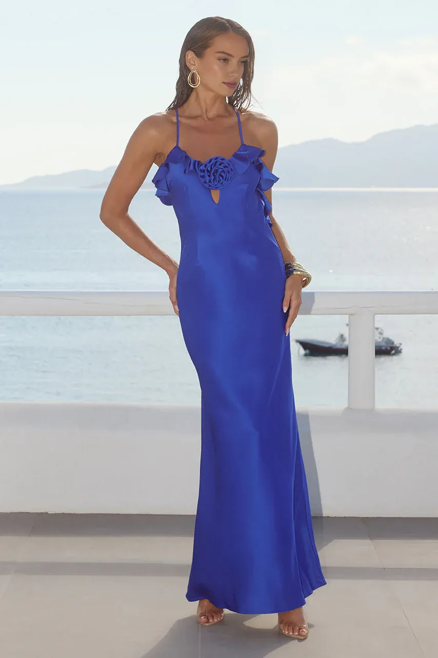 Fitted Spaghetti Straps Sleeveless Flower Floor-Length Prom Dress