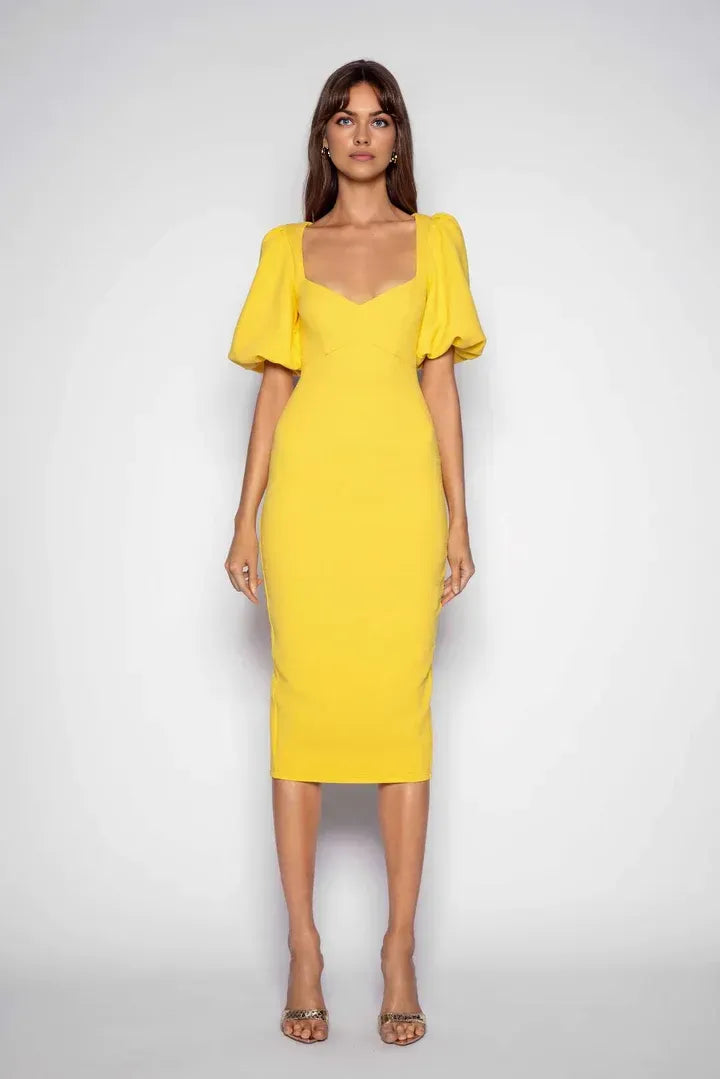 Fitted Sweetheart Puff Sleeve Zipper Up Tea-Length Prom Dress