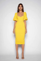 Fitted Sweetheart Puff Sleeve Zipper Up Tea-Length Prom Dress