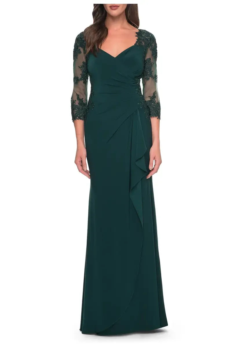 Fitted V-neck Illusion Sleeves Zipper Up Floor-Length Mother of the Bride Dress