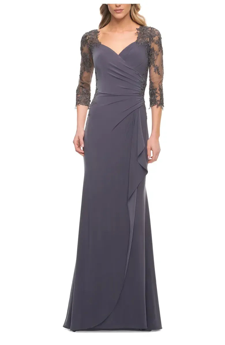 Fitted V-neck Illusion Sleeves Zipper Up Floor-Length Mother of the Bride Dress