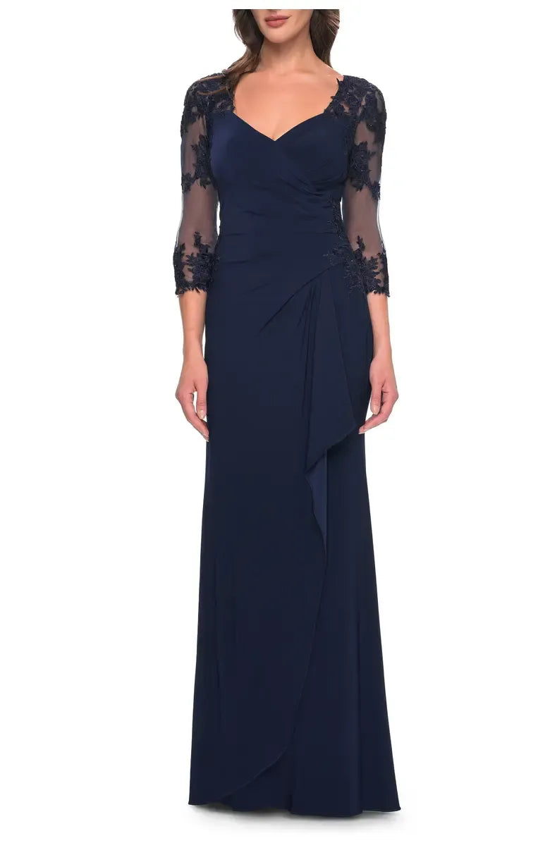 Fitted V-neck Illusion Sleeves Zipper Up Floor-Length Mother of the Bride Dress