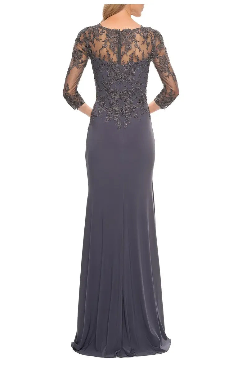 Fitted V-neck Illusion Sleeves Zipper Up Floor-Length Mother of the Bride Dress