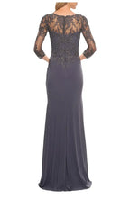 Fitted V-neck Illusion Sleeves Zipper Up Floor-Length Mother of the Bride Dress
