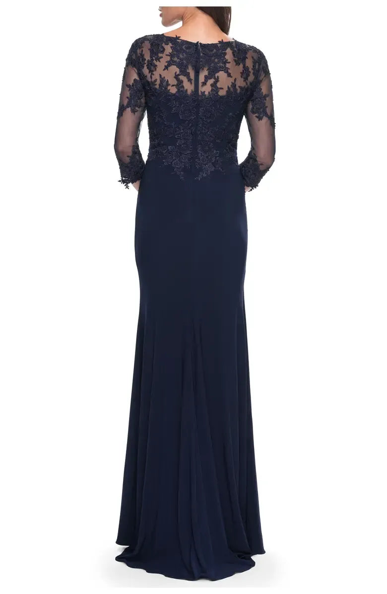 Fitted V-neck Illusion Sleeves Zipper Up Floor-Length Mother of the Bride Dress