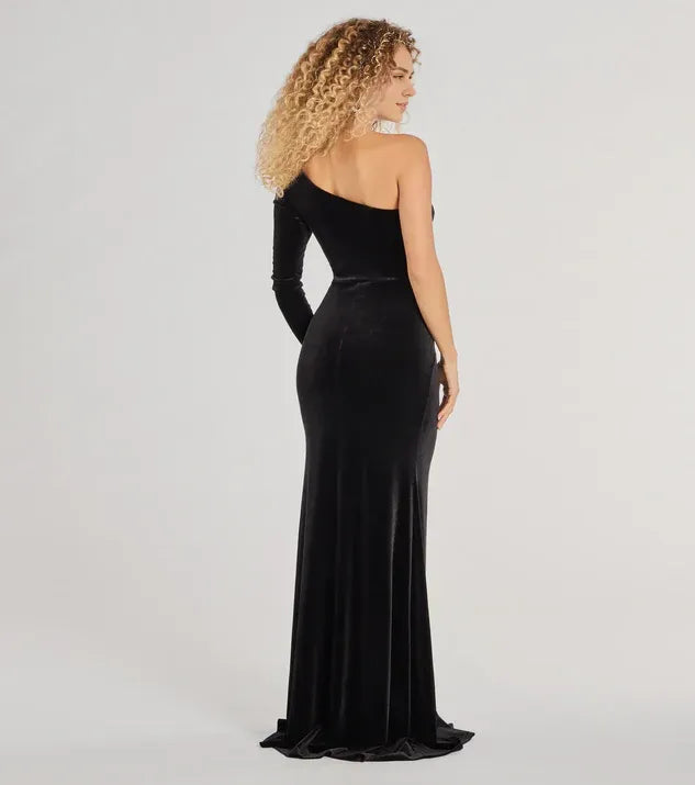 Mermaid One-Shoulder Long Sleeve Open Back Sweep/Brush Train Prom Dress