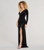 Mermaid One-Shoulder Long Sleeve Open Back Sweep/Brush Train Prom Dress