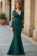 Mermaid V Neck Long Sleeve V Back Floor-Length Mother of the Bride Dress