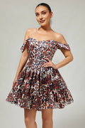 Off the Shoulder A-Line Sleeveless Leopard Print Short-Mini Homecoming Dress