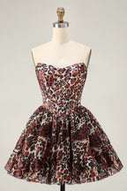 Off the Shoulder A-Line Sleeveless Leopard Print Short-Mini Homecoming Dress
