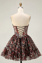 Off the Shoulder A-Line Sleeveless Leopard Print Short-Mini Homecoming Dress