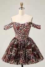 Off the Shoulder A-Line Sleeveless Leopard Print Short-Mini Homecoming Dress