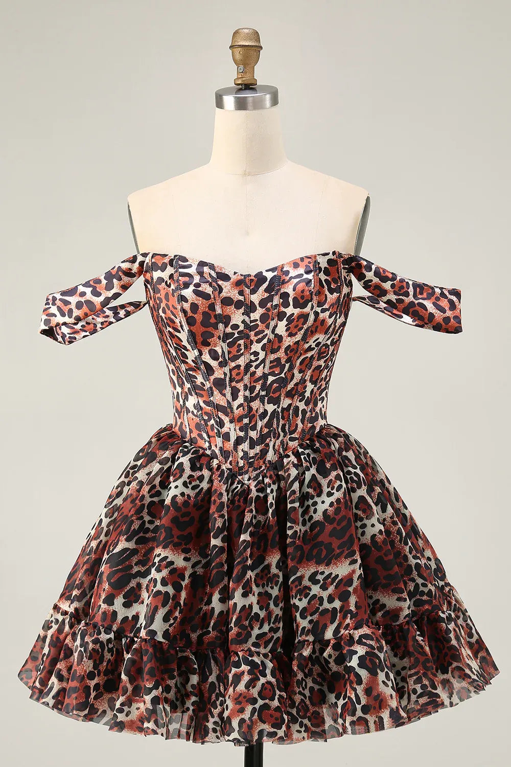 Off the Shoulder A-Line Sleeveless Leopard Print Short-Mini Homecoming Dress