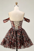 Off the Shoulder A-Line Sleeveless Leopard Print Short-Mini Homecoming Dress