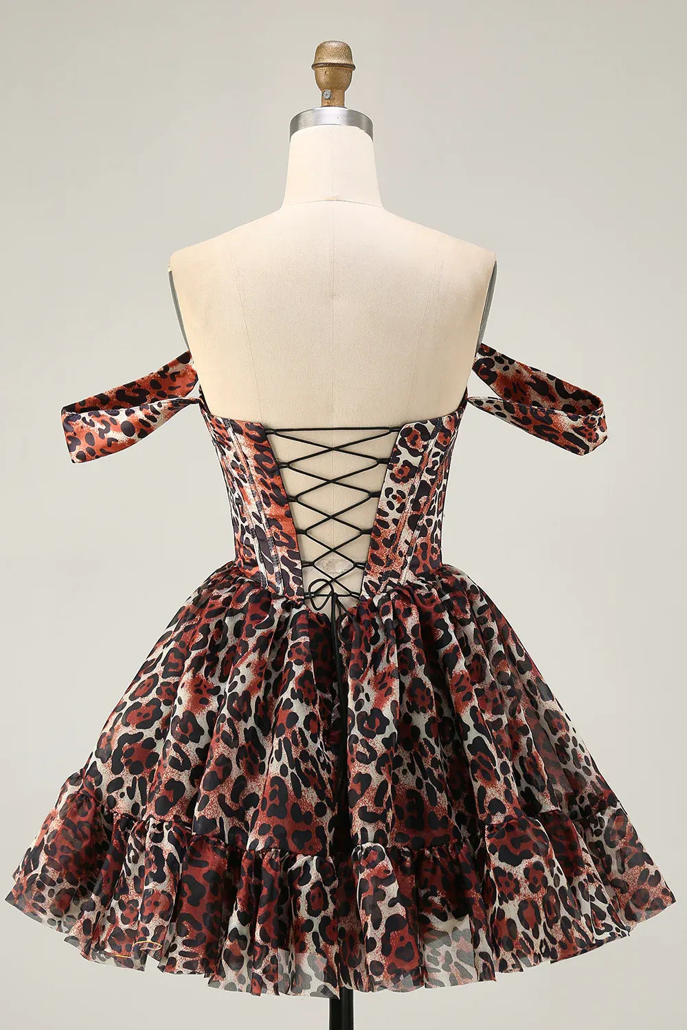 Off the Shoulder A-Line Sleeveless Leopard Print Short-Mini Homecoming Dress