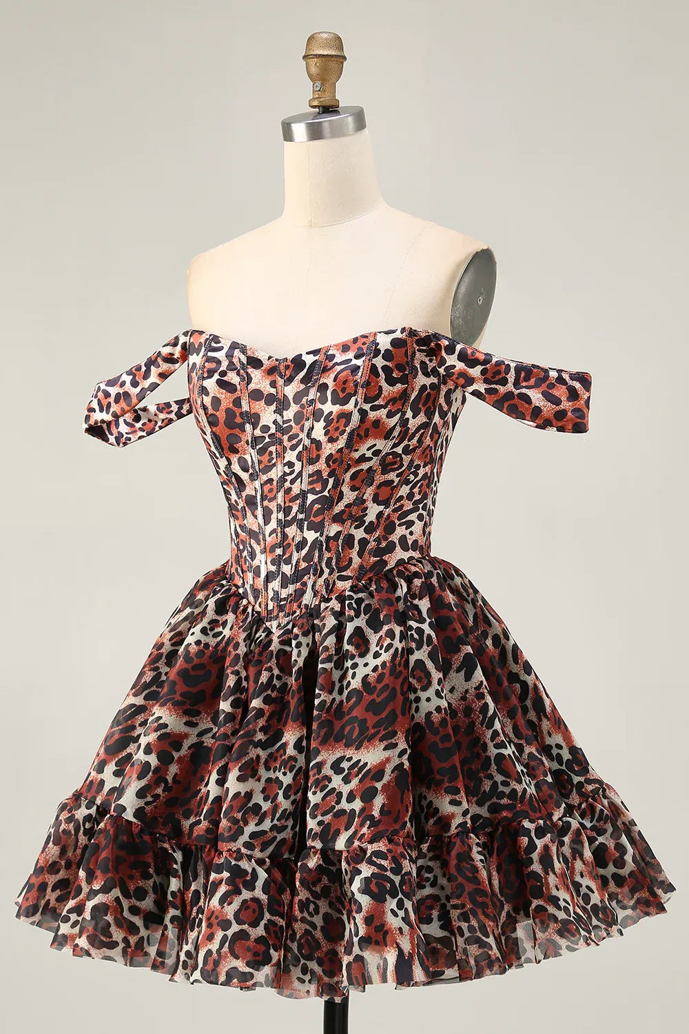 Off the Shoulder A-Line Sleeveless Leopard Print Short-Mini Homecoming Dress