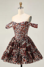 Off the Shoulder A-Line Sleeveless Leopard Print Short-Mini Homecoming Dress