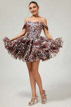 Off the Shoulder A-Line Sleeveless Leopard Print Short-Mini Homecoming Dress