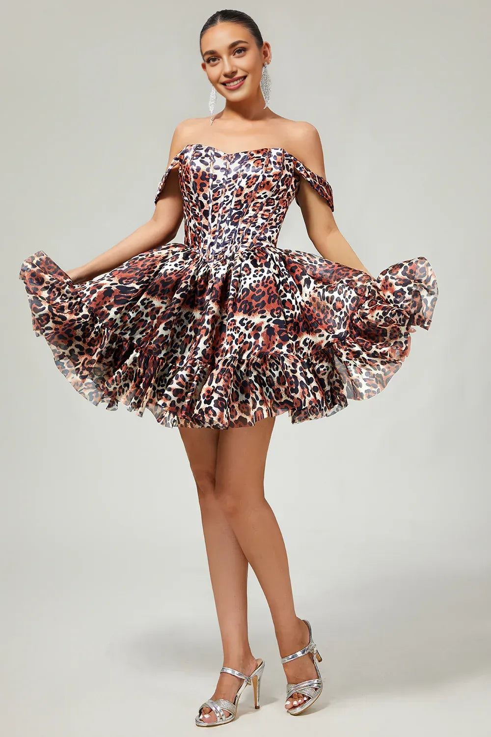 Off the Shoulder A-Line Sleeveless Leopard Print Short-Mini Homecoming Dress