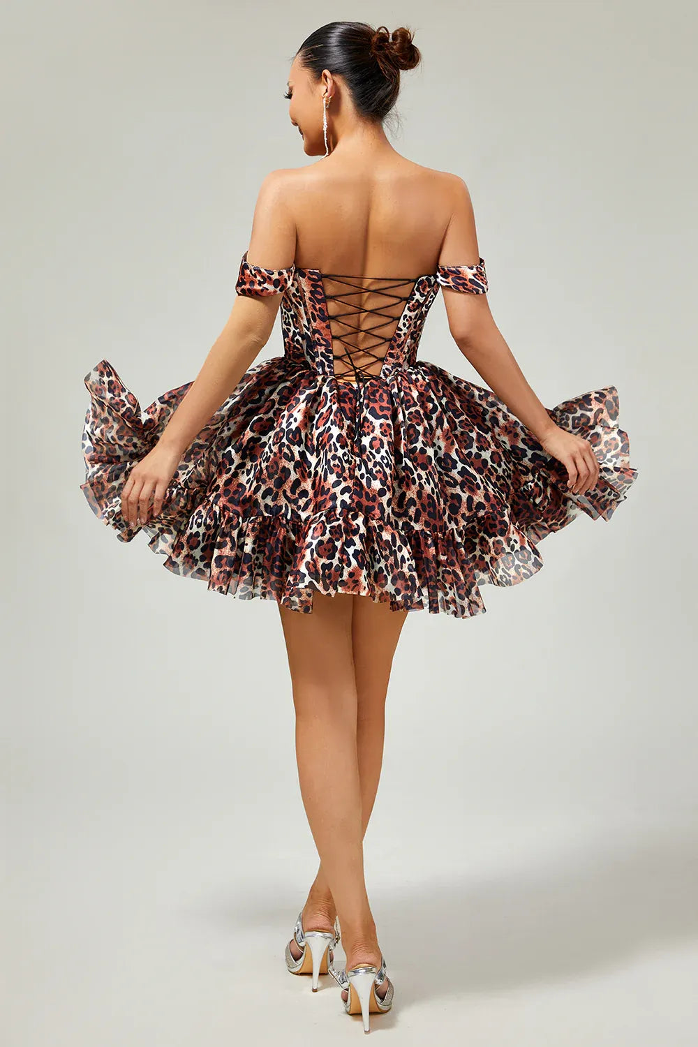 Off the Shoulder A-Line Sleeveless Leopard Print Short-Mini Homecoming Dress