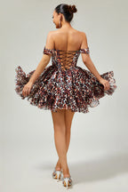 Off the Shoulder A-Line Sleeveless Leopard Print Short-Mini Homecoming Dress