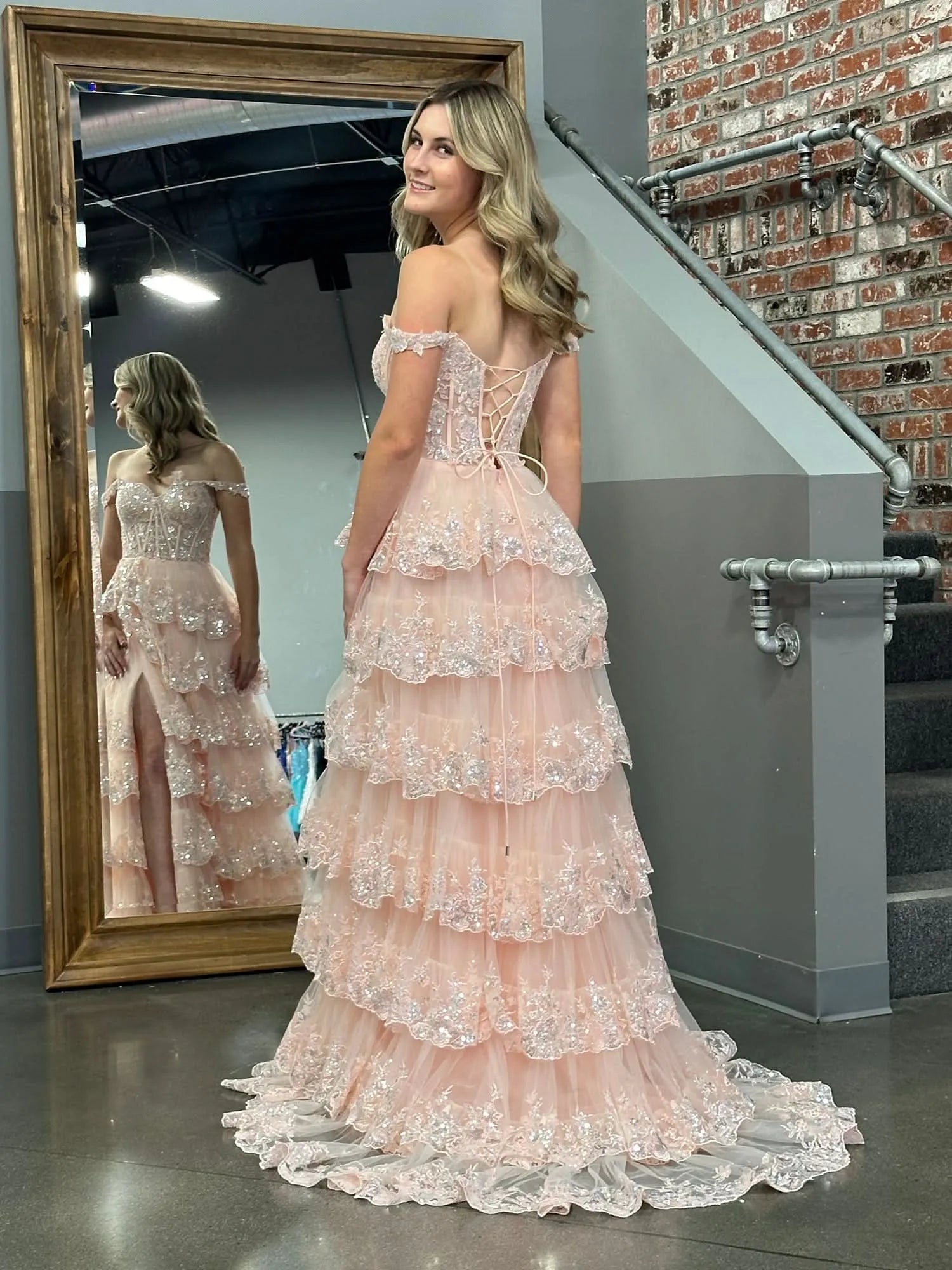 Off the Shoulder Sleeveless A-Line Tiered Long Prom Dress