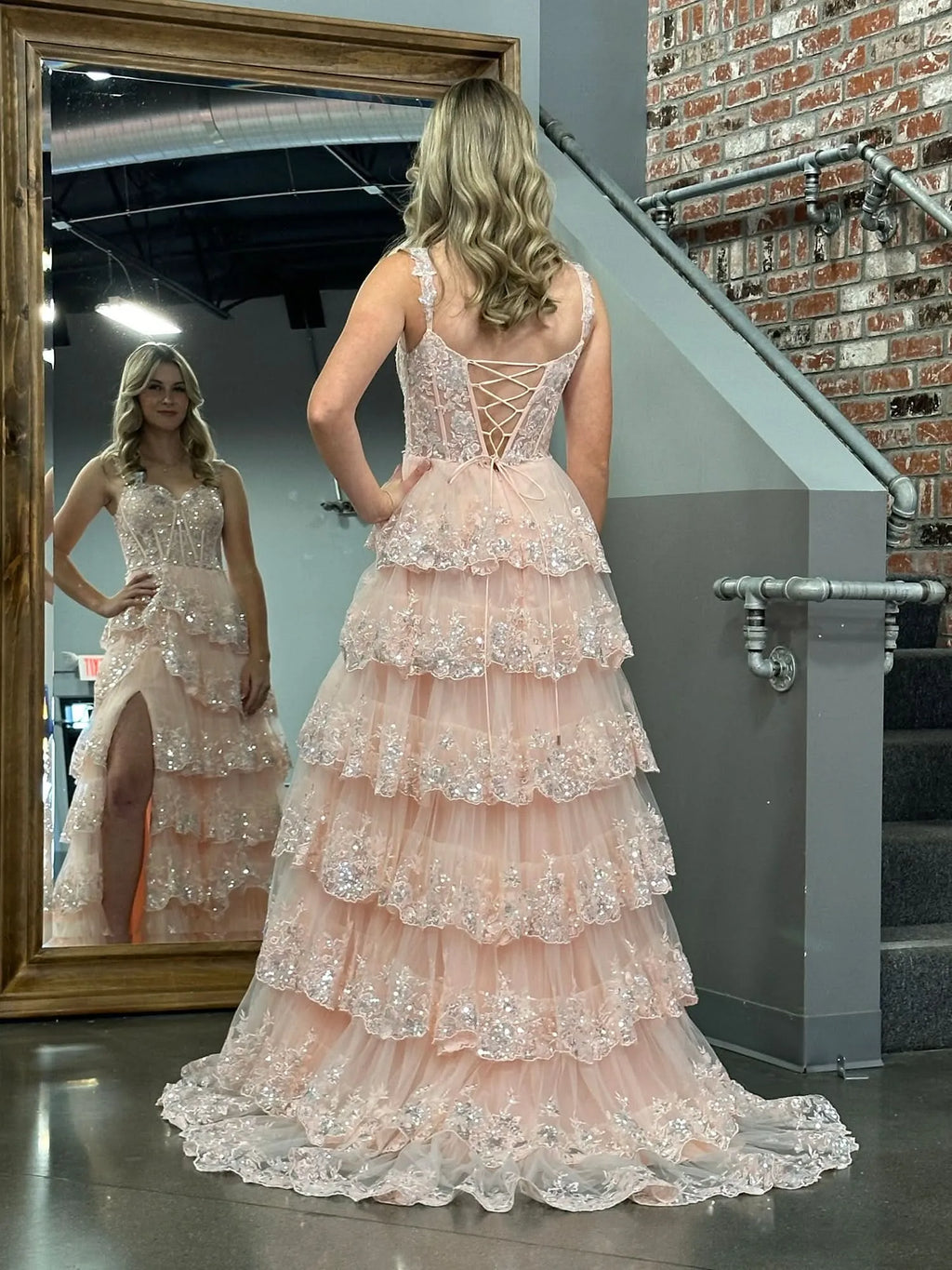 Off the Shoulder Sleeveless A-Line Tiered Long Prom Dress